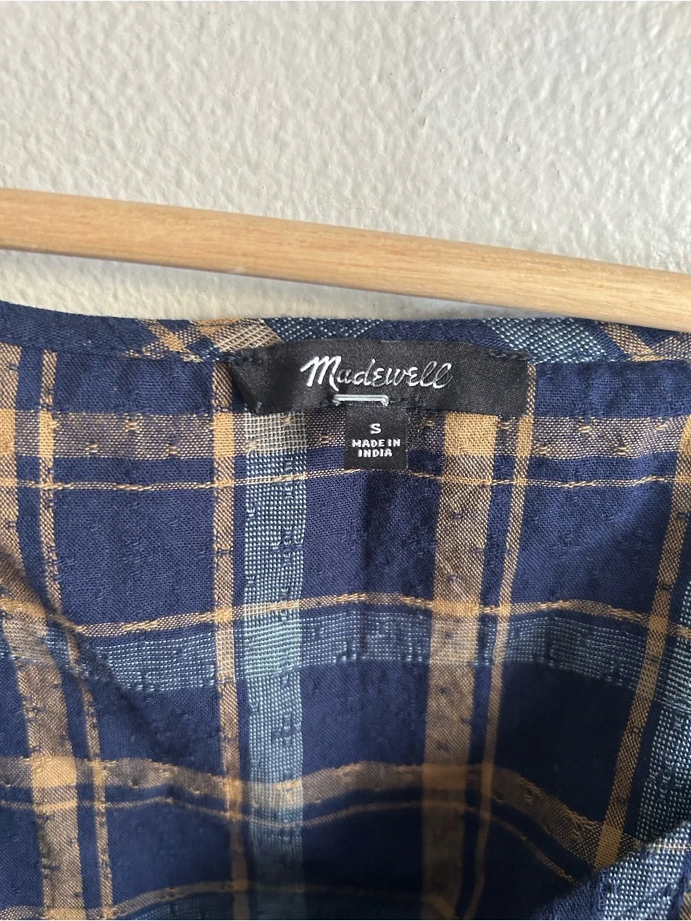 Madewell Sweetheart Wrap Ash Top Plaid Puff-Sleeve Wrap Top Navy & Brown Size S
